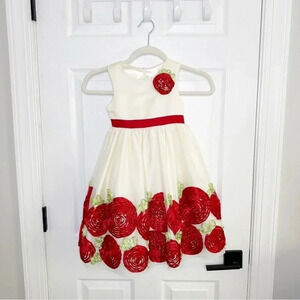 American Princess Girls Size 5 Formal Dress Cream Red Circle Rosette‎ Sleeveless